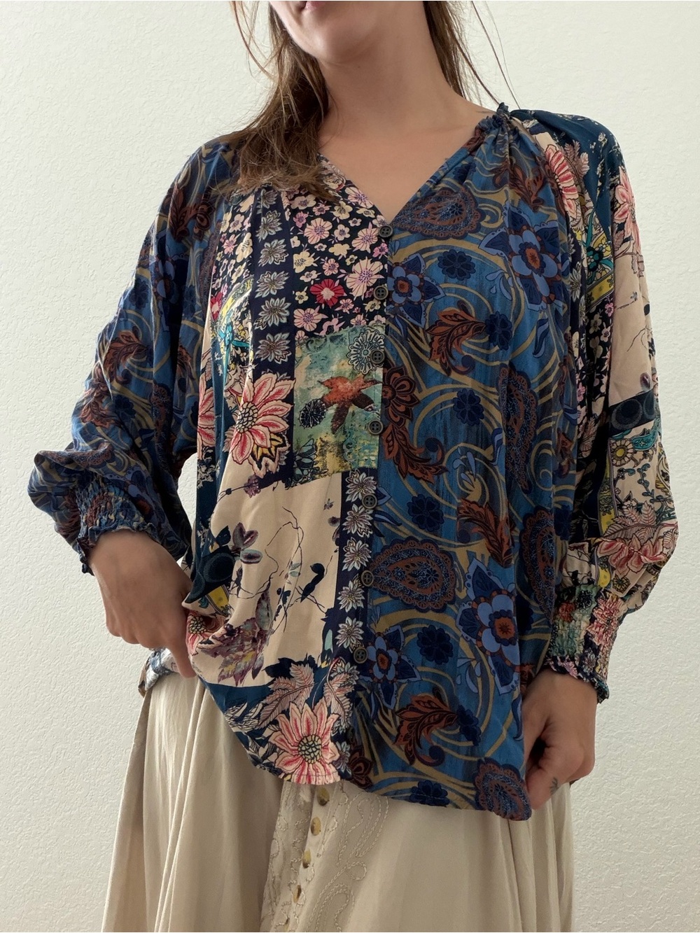 GiGio USA Boho Patchwork Floral Paisley Button Front Blouse - Picture 2 of 6